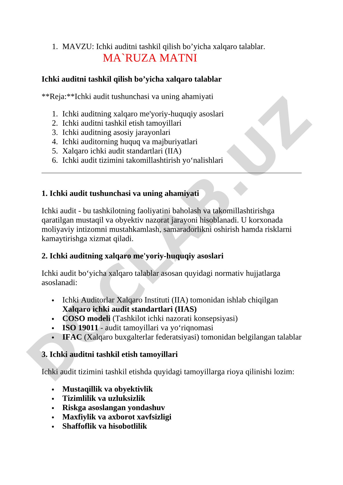 Ichki auditni tashkil qilish bo'yicha xalqaro talablar