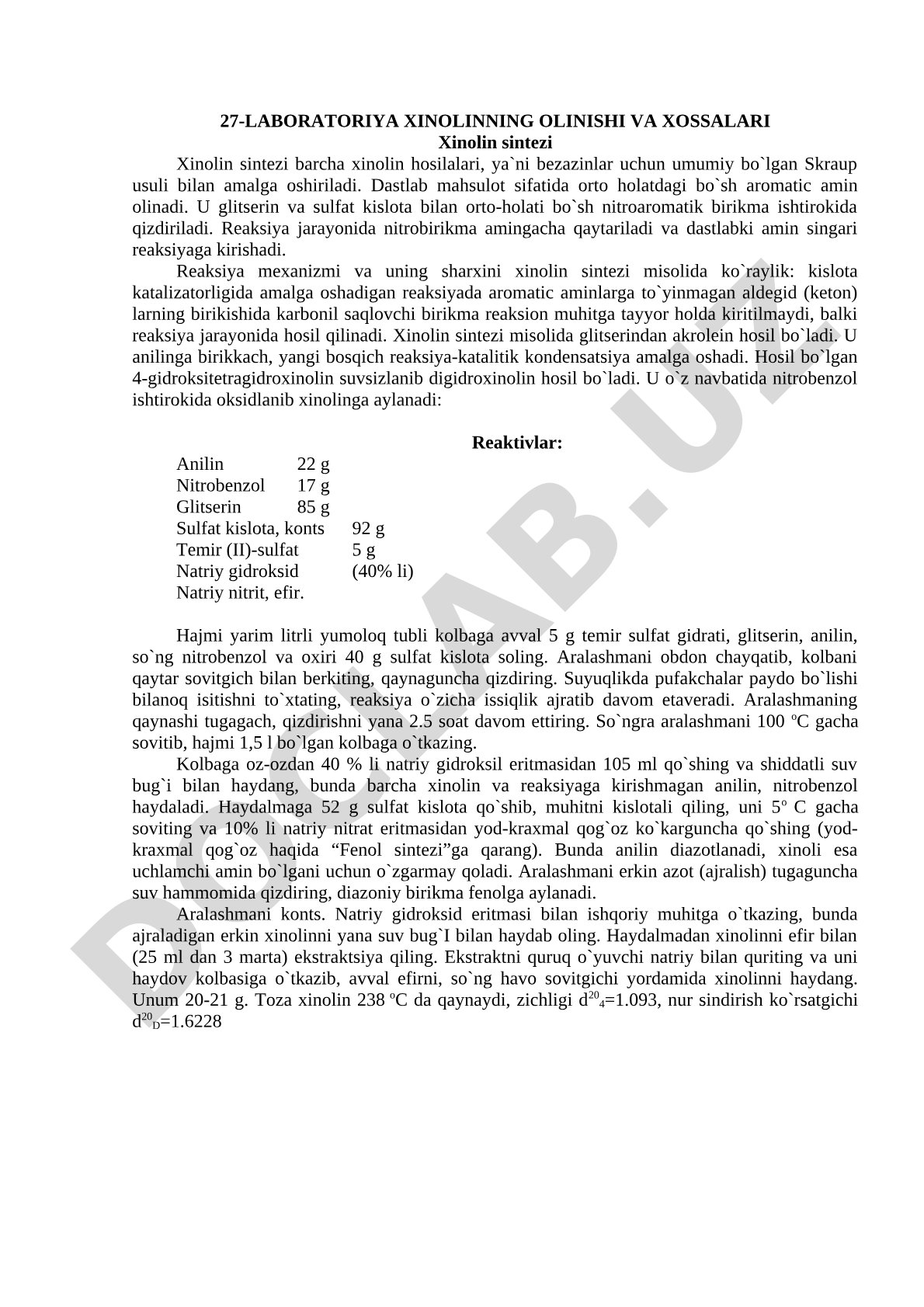 Xinolinning olinishi va xossalari