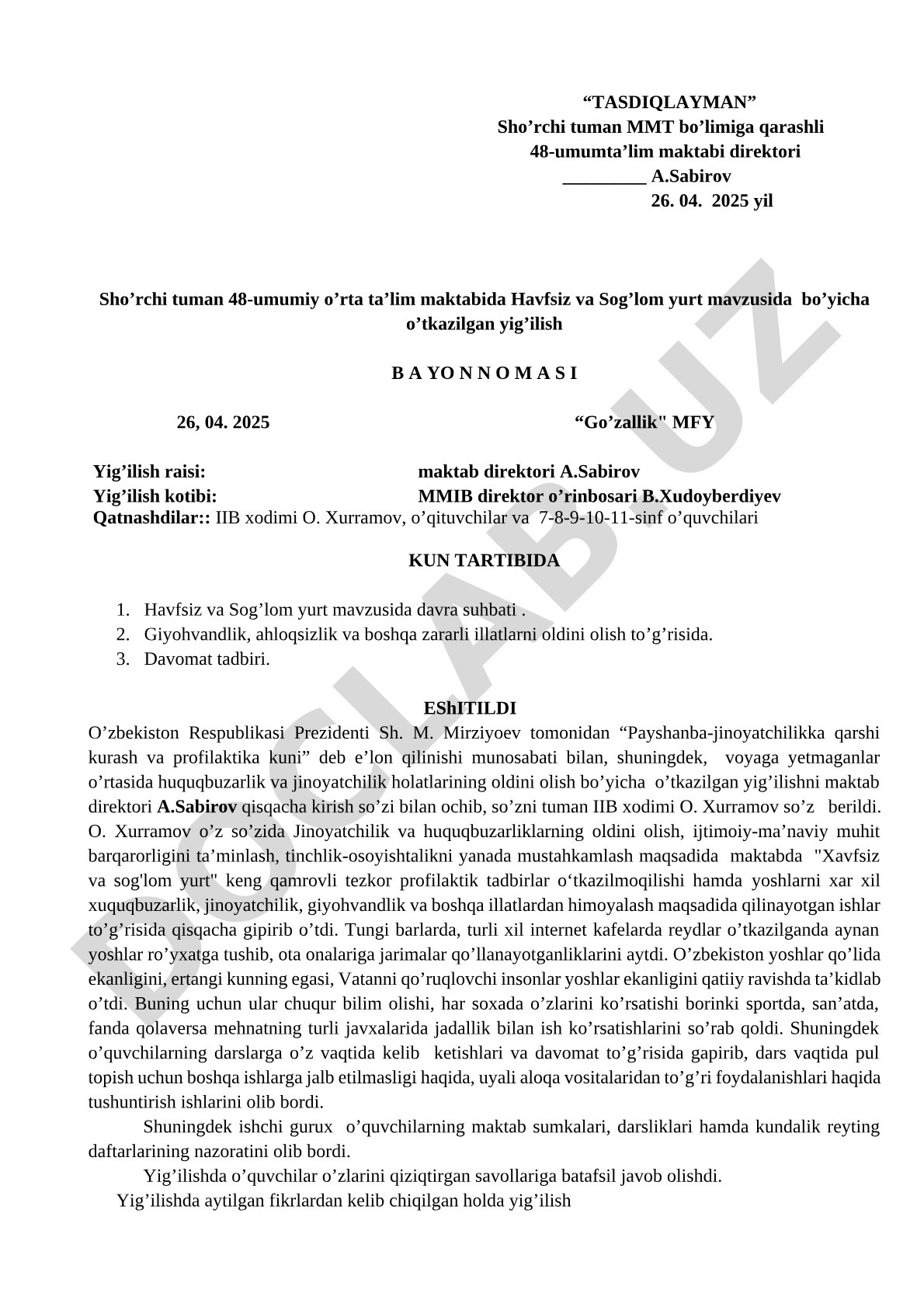 Havfsiz va Sog'lom yurt mavzusida yig'ilish bayonnomasi