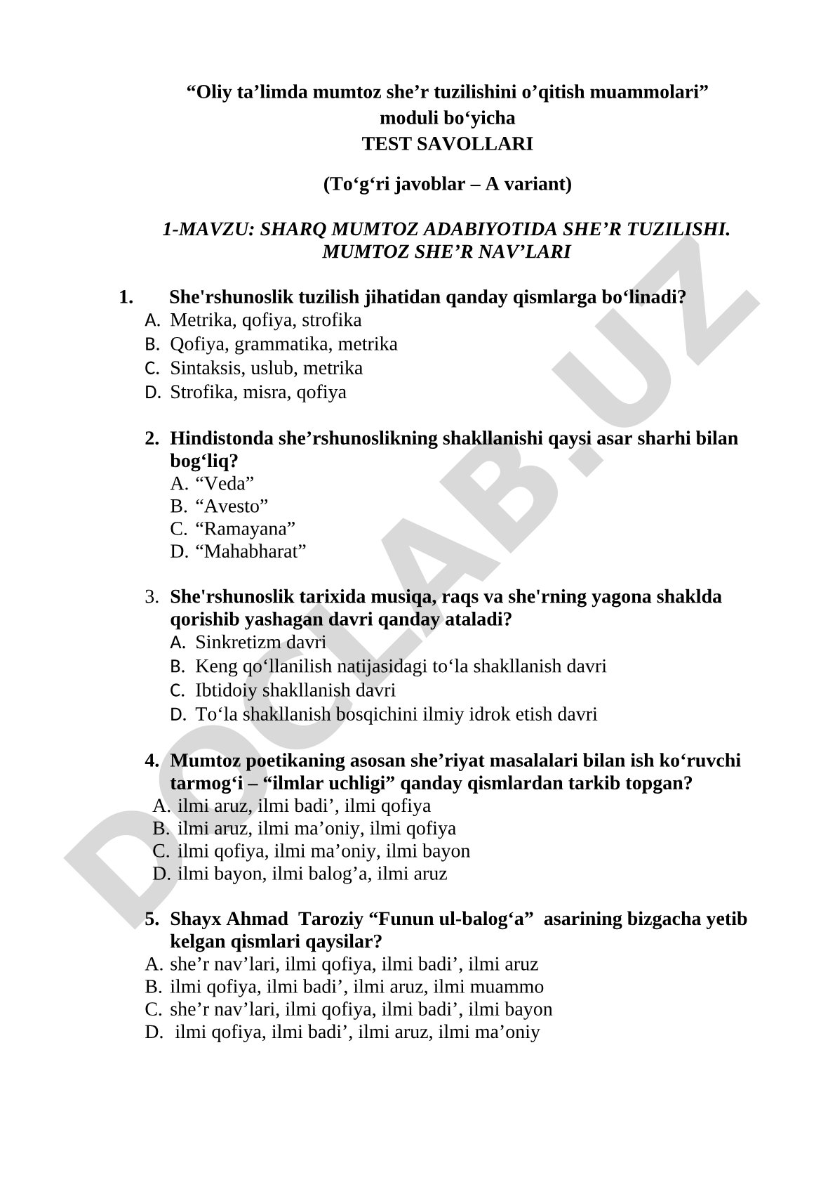 Oliy ta’limda mumtoz she’r tuzilishini o’qitish muammolari moduli bo‘yicha test savollari