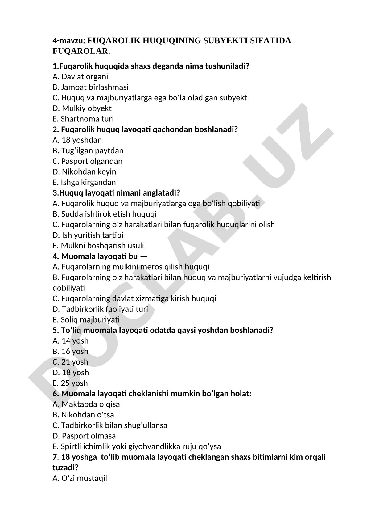 Fuqarolik huquqining subyekti sifatida fuqarolar