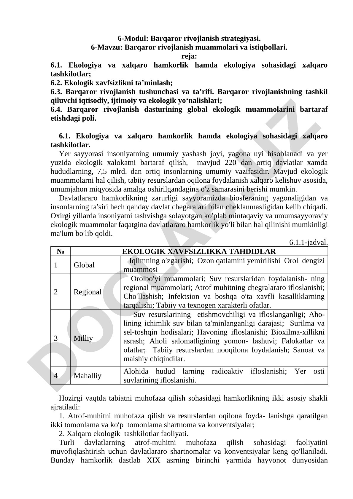 Barqaror rivojlanish muammolari va istiqbollari