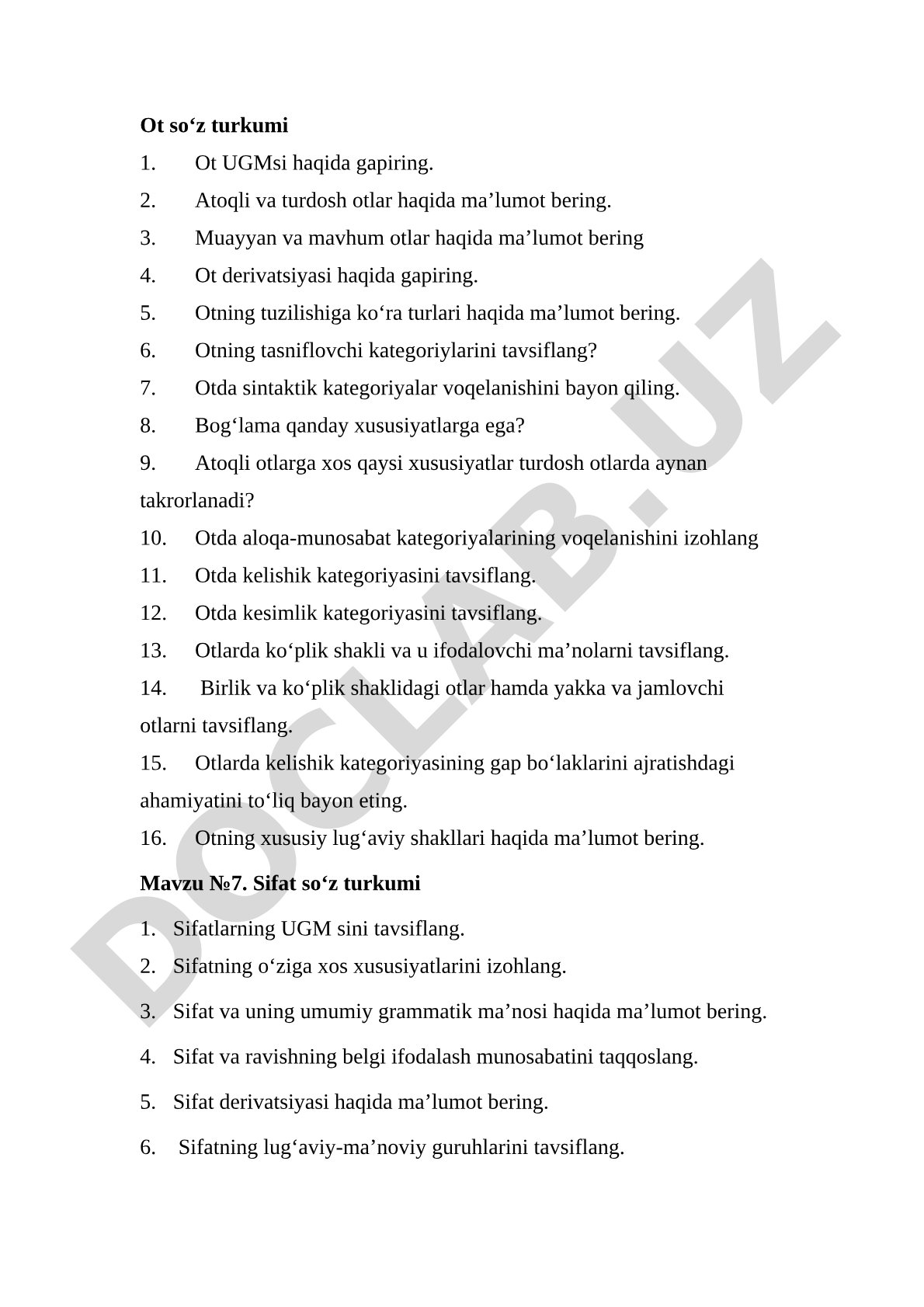 Ot va sifat so‘z turkumlari haqida ma’lumot