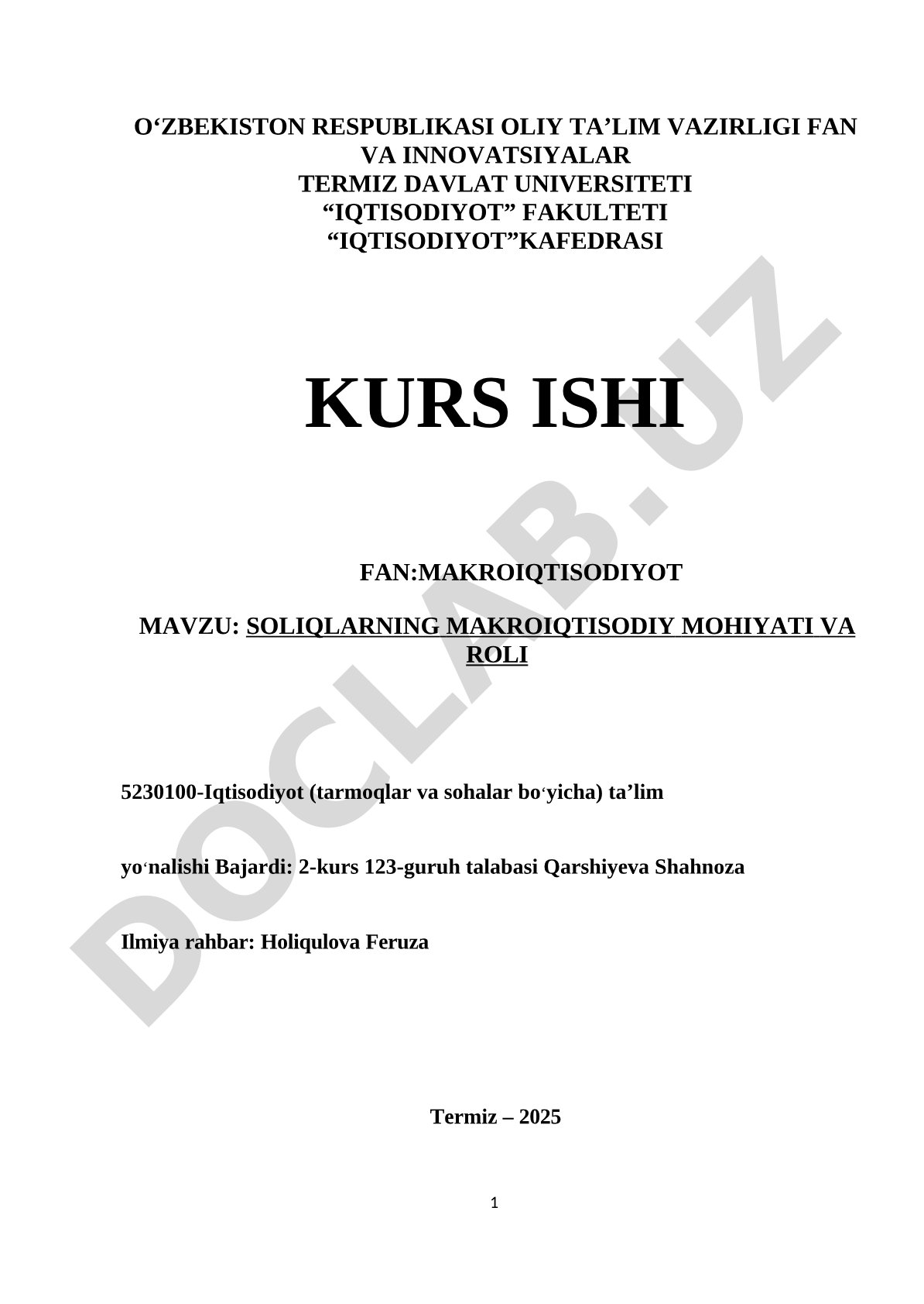 Soliqlarning makroiqtisodiy mohiyati va roli