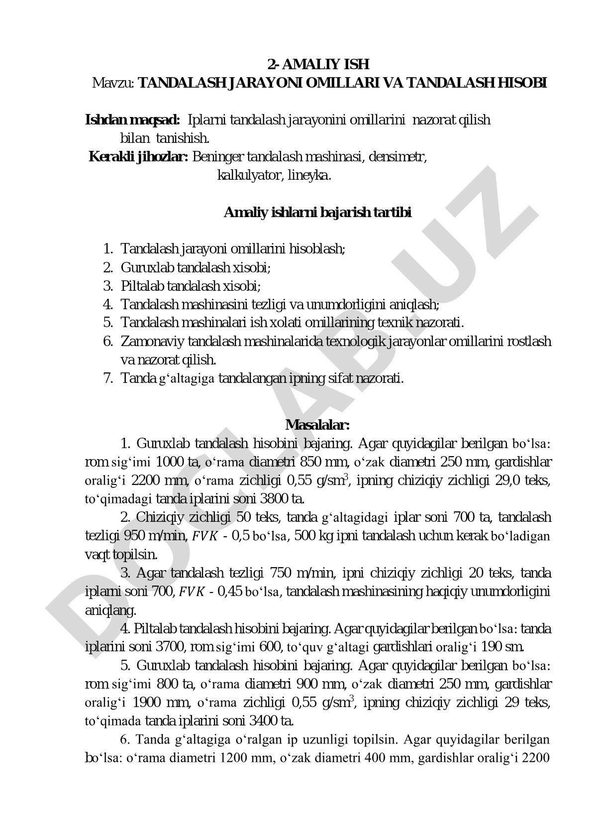 Tandalash jarayoni omillari va tandalash hisobi