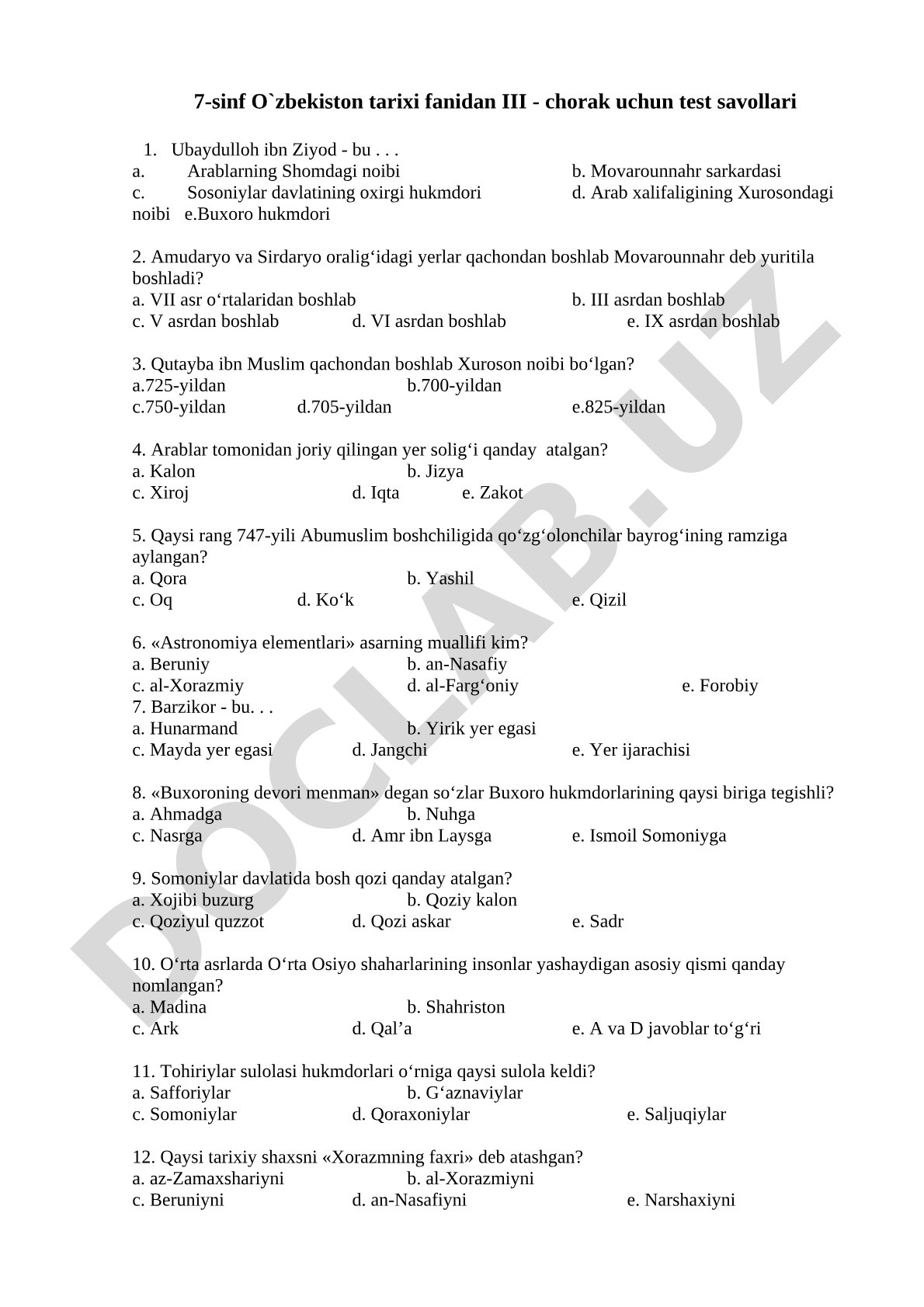 7-sinf O'zbekiston tarixi fanidan III chorak test savollari