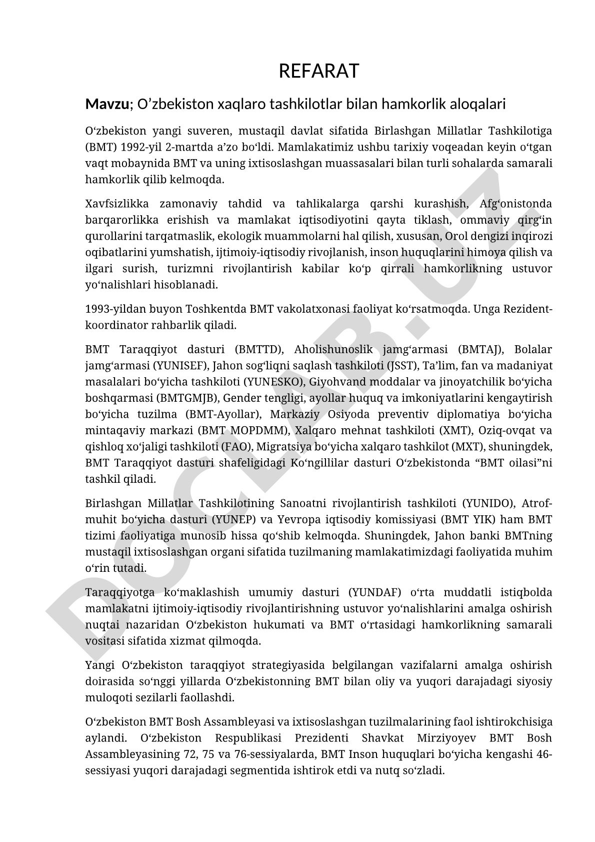O'zbekiston xalqaro tashkilotlar bilan hamkorlik aloqalari