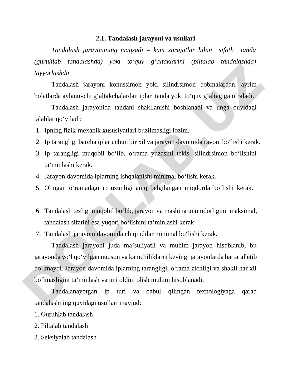 Tandalash jarayoni va usullari