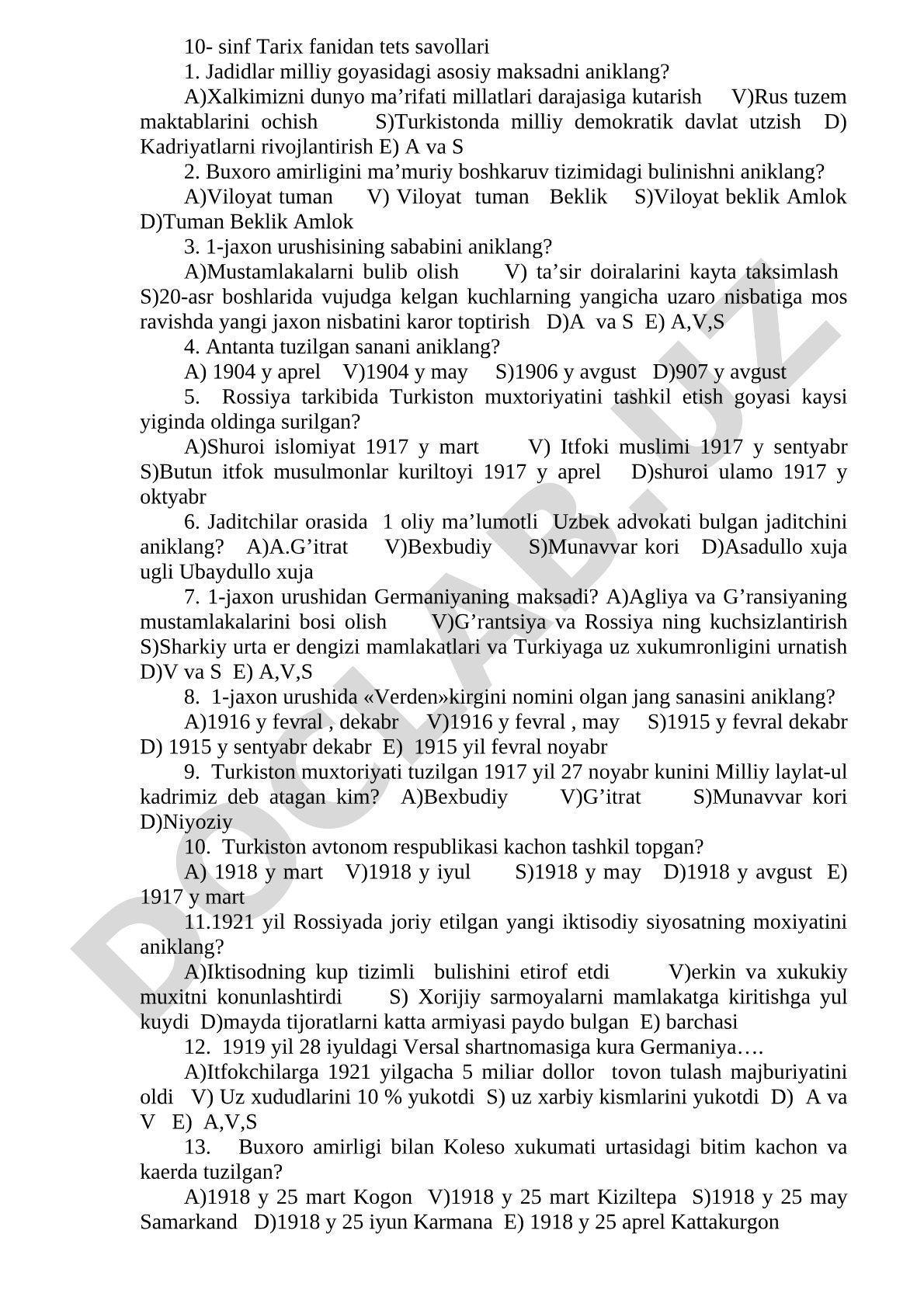 10-sinf Tarix fanidan test savollari