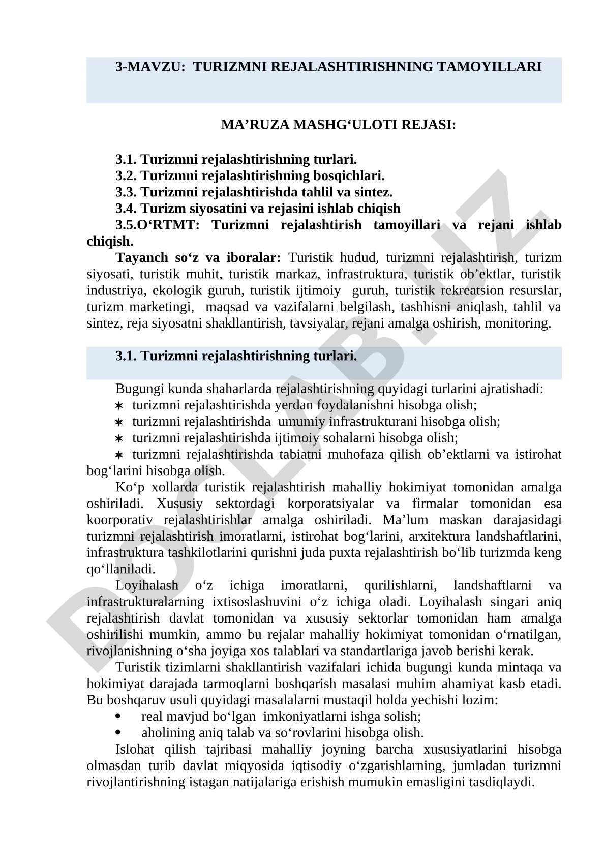 Turizmni rejalashtirishning tamoyillari