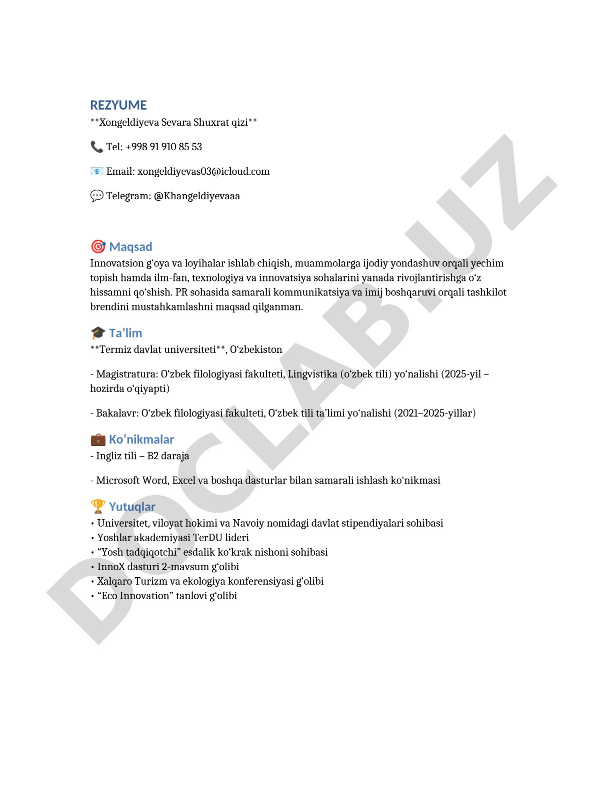 Xongeldiyeva Sevara Shuxrat qizi rezyume
