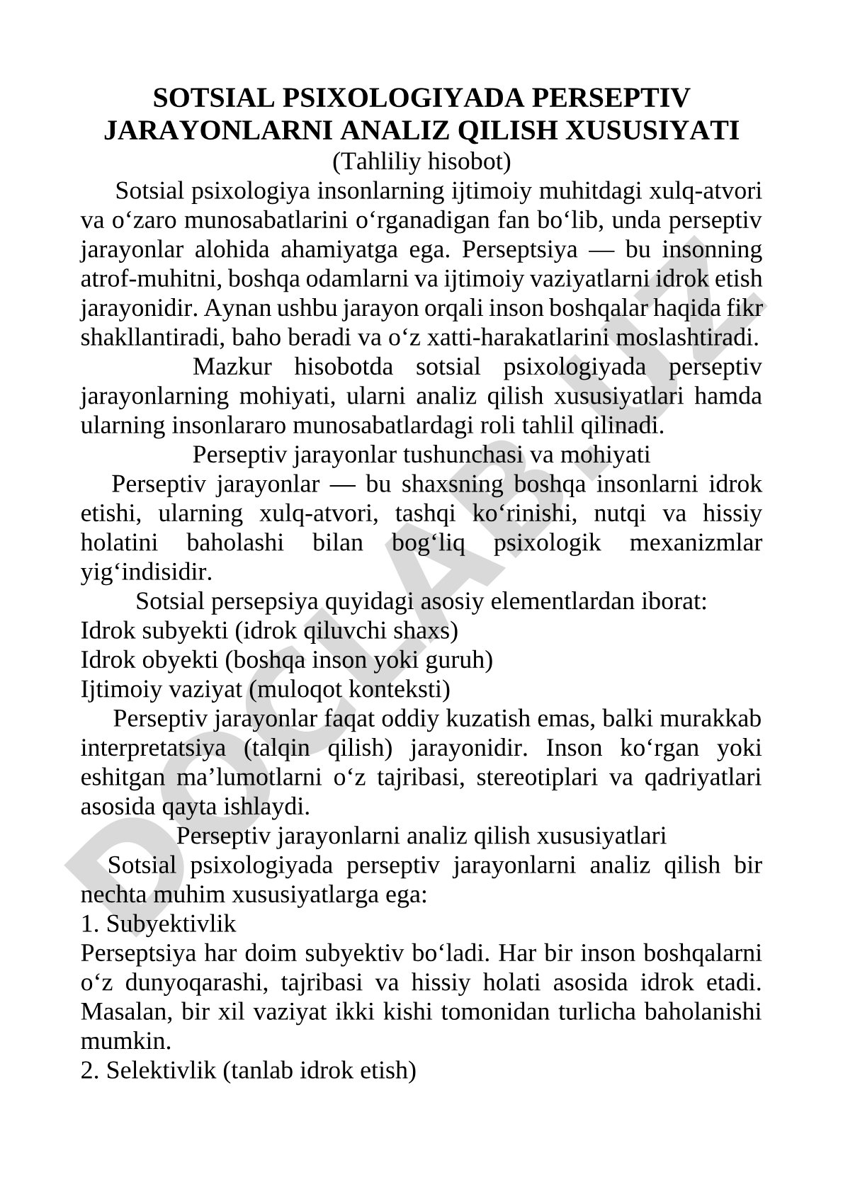 Sotsial psixologiyada perseptiv jarayonlarni analiz qilish xususiyati