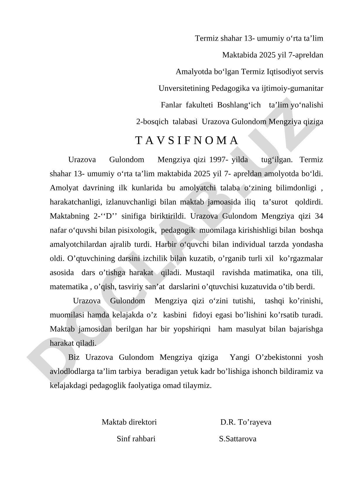 Urazova Gulondom Mengziya qiziga tavsifnoma