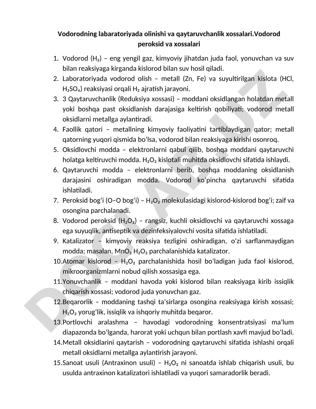 Vodorodning laboratoriyada olinishi va qaytaruvchanlik xossalari