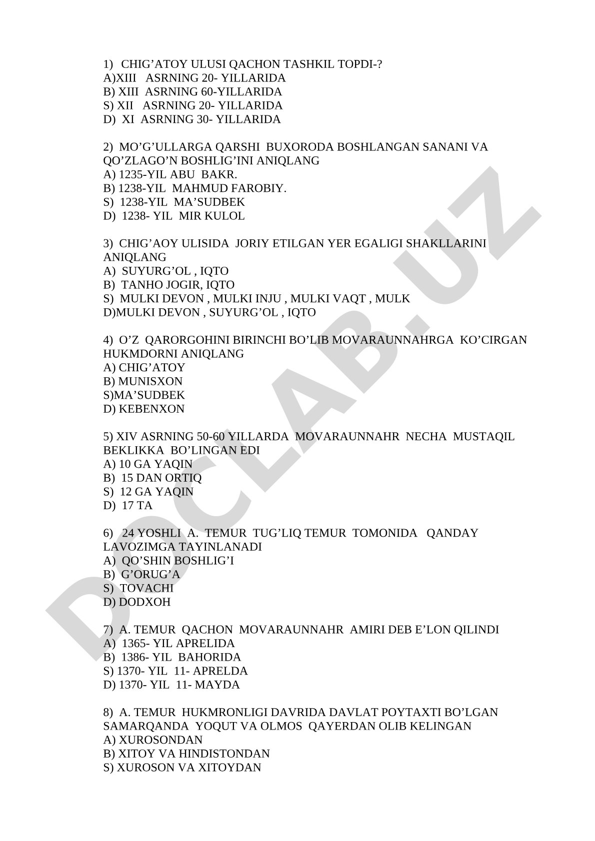 Chig'atoy ulusi tarixiga oid test savollari