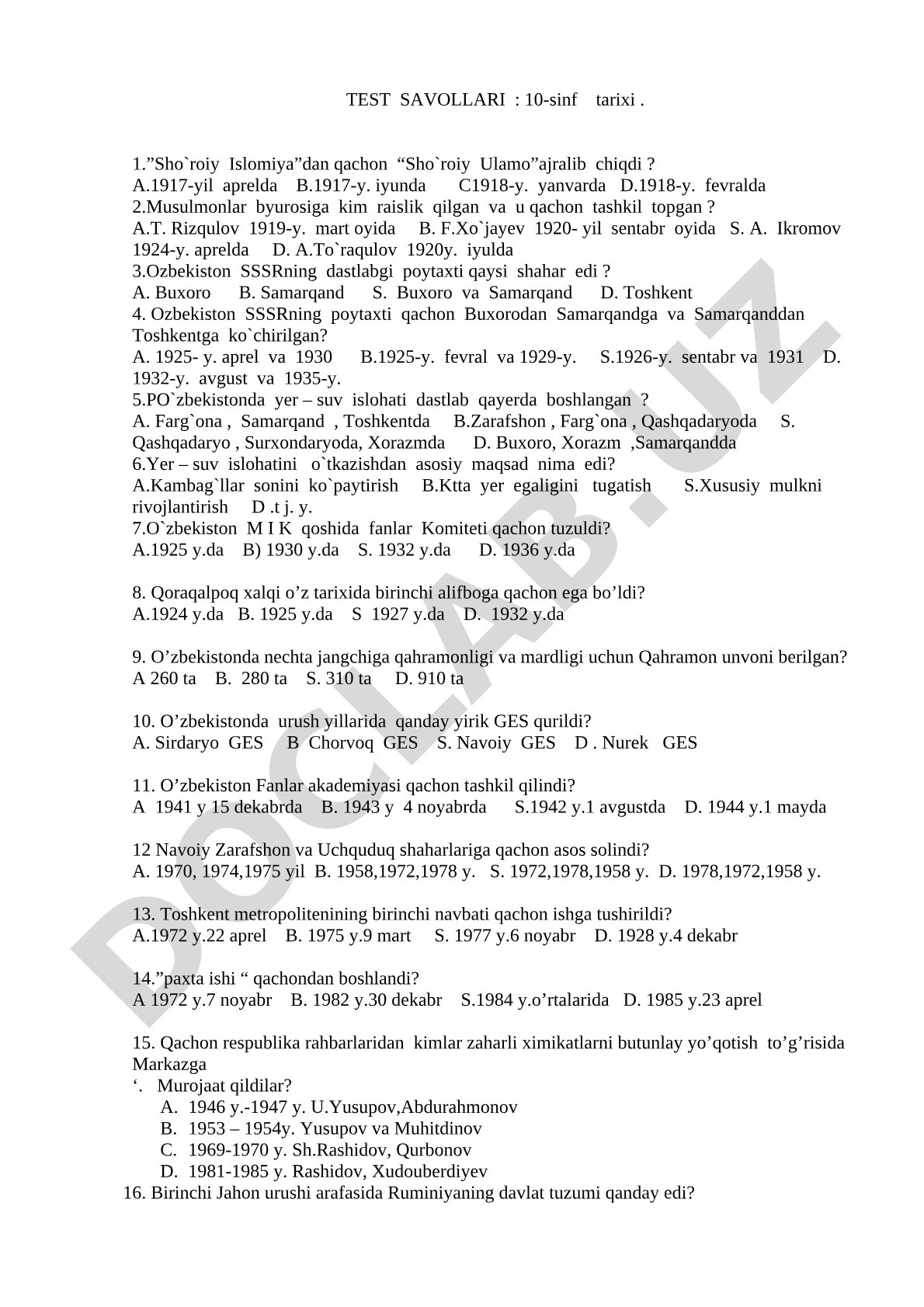 10-sinf tarixi test savollari