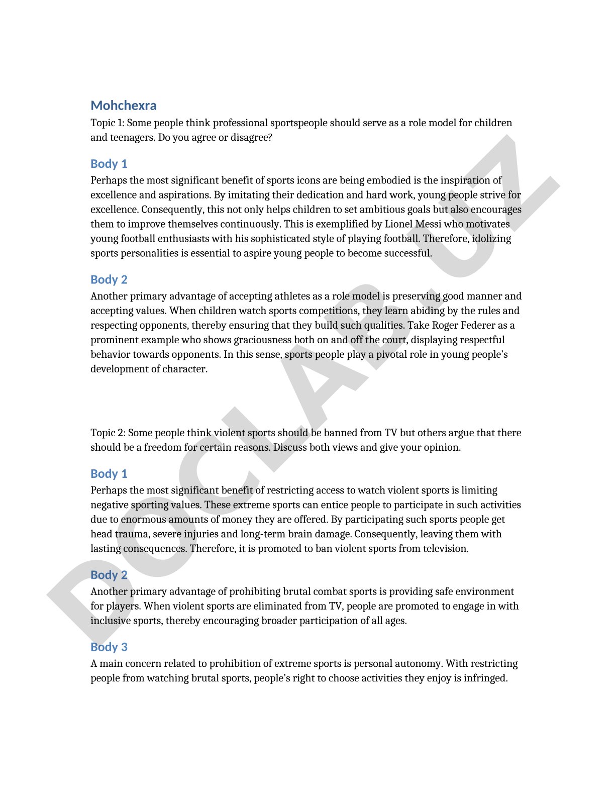 Professional sportspeople as role models for children and teenagers