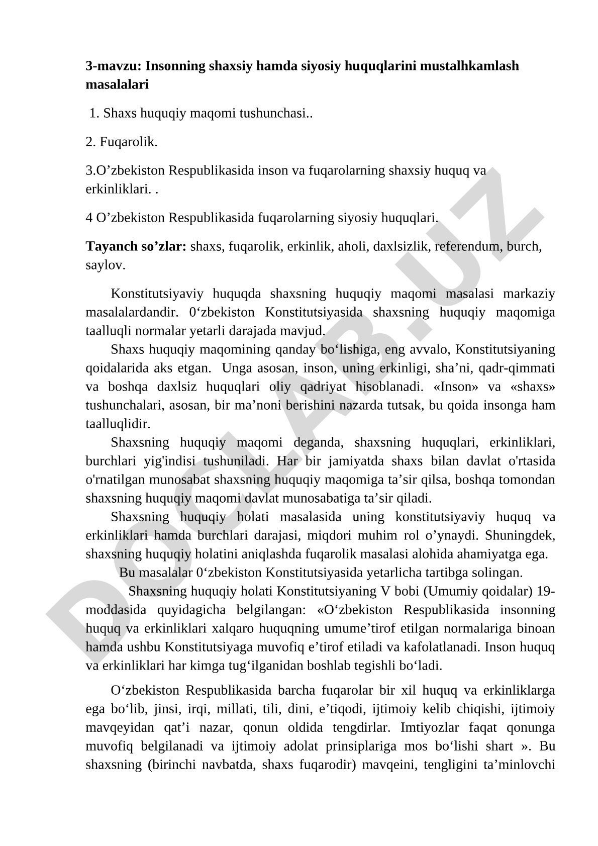 Insonning shaxsiy hamda siyosiy huquqlarini mustahkamlash masalalari