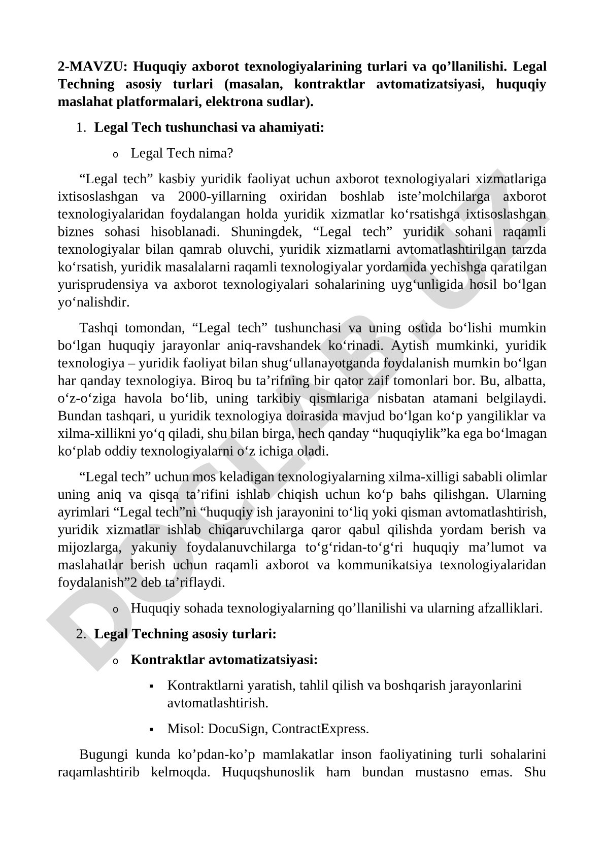 Huquqiy axborot texnologiyalarining turlari va qo'llanilishi. Legal Techning asosiy turlari