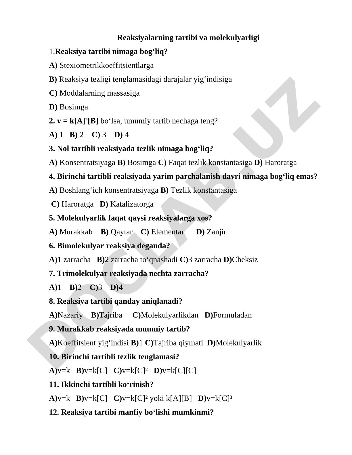 Reaksiyalarning tartibi va molekulyarligi