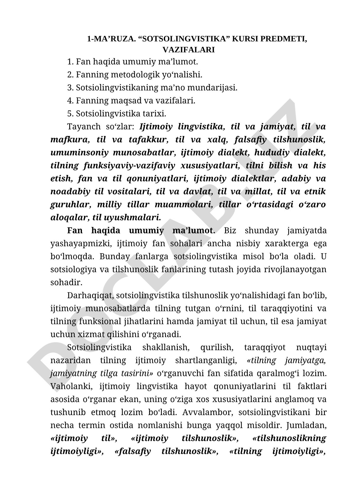 Sotsiolingvistika kursi predmeti, vazifalari