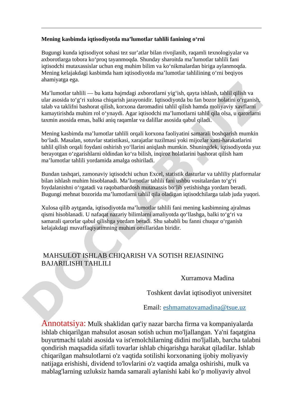 Iqtisodiyotda ma’lumotlar tahlili fanining o‘rni