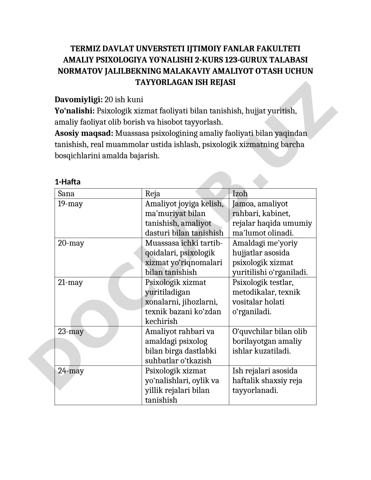 Malakaviy amaliyot o'tash uchun ish rejasi