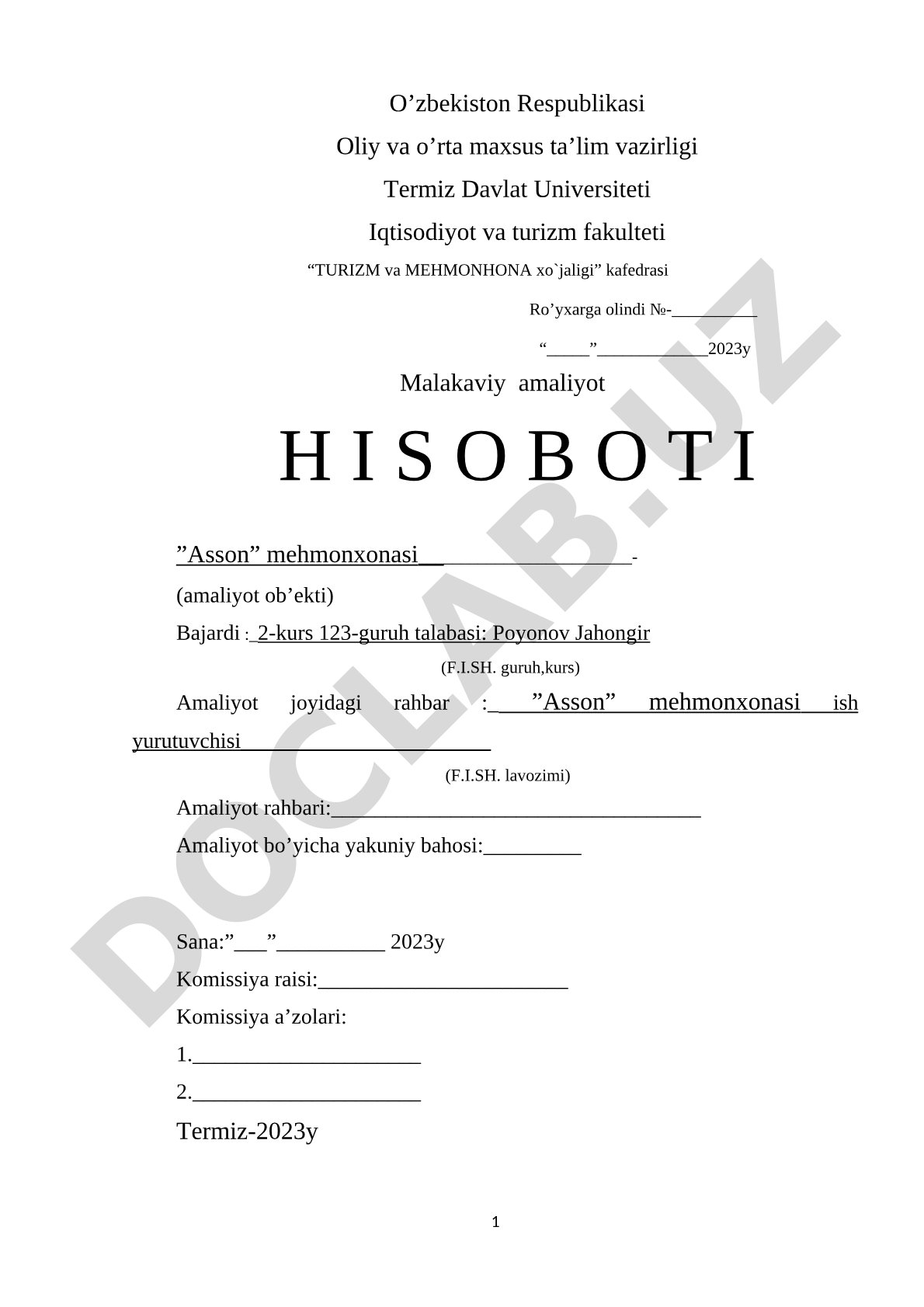 Asson mehmonxonasida malakaviy amaliyot hisoboti