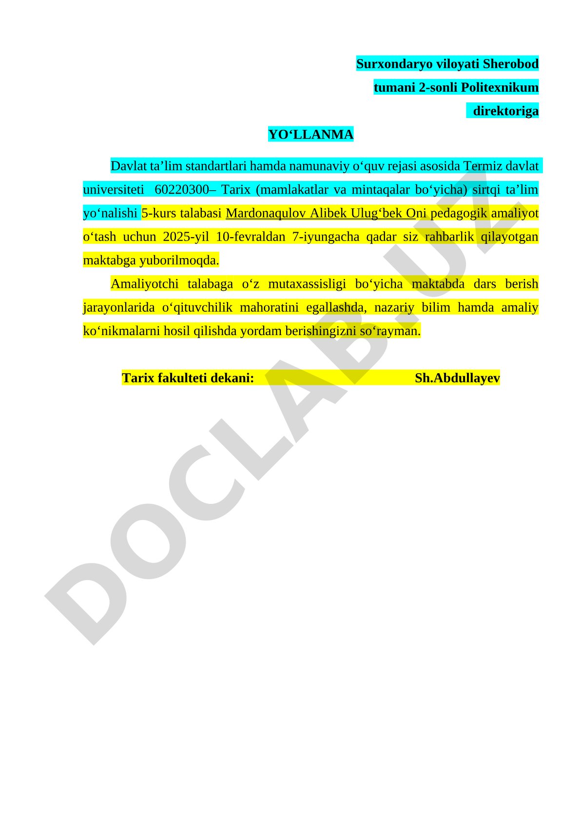Pedagogik amaliyot o'tash uchun yo'llanma