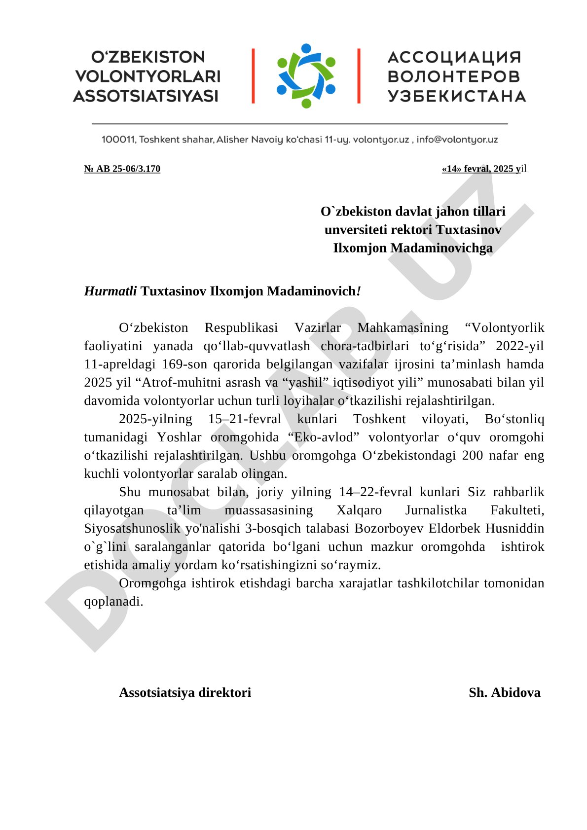 Volontyorlar o'quv oromgohida ishtirok etish uchun ruxsat so'rovi