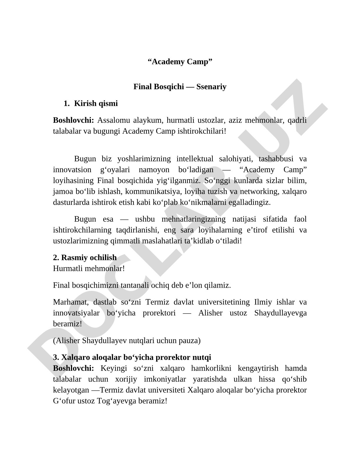 Academy Camp Final Bosqichi ssenariysi