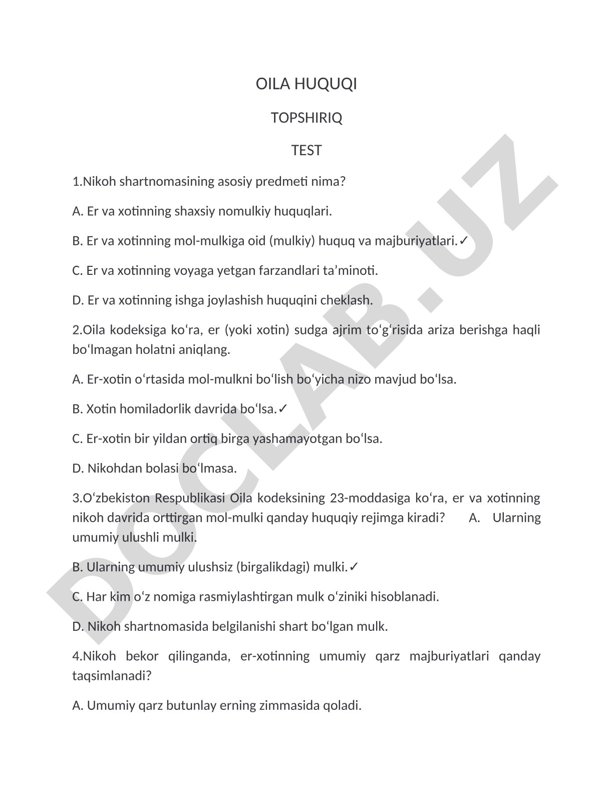 Oila huquqi topshiriq test