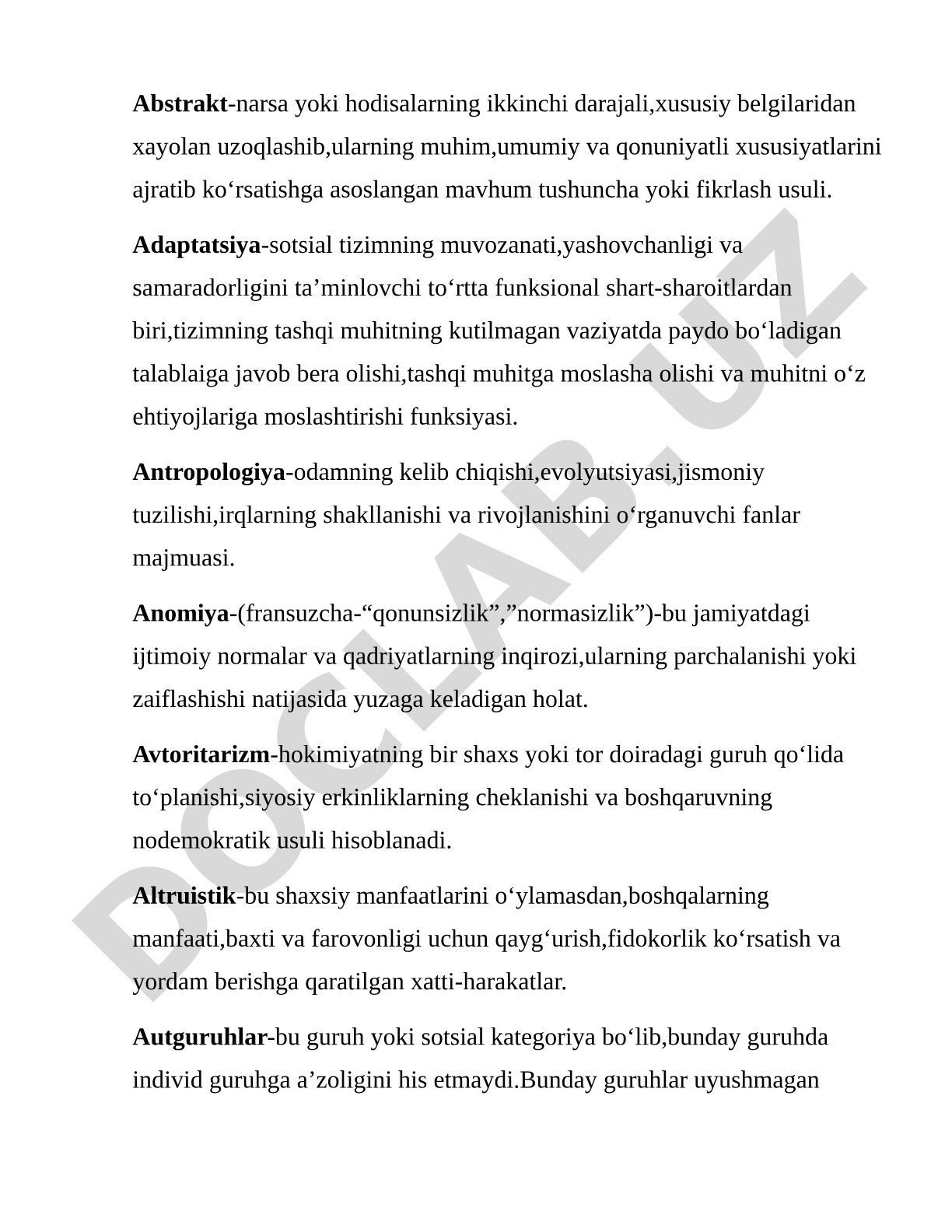 Ijtimoiy tushunchalar lug'ati: Abstrakt, Adaptatsiya, Antropologiya, Anomiya, Avtoritarizm, Altruistik