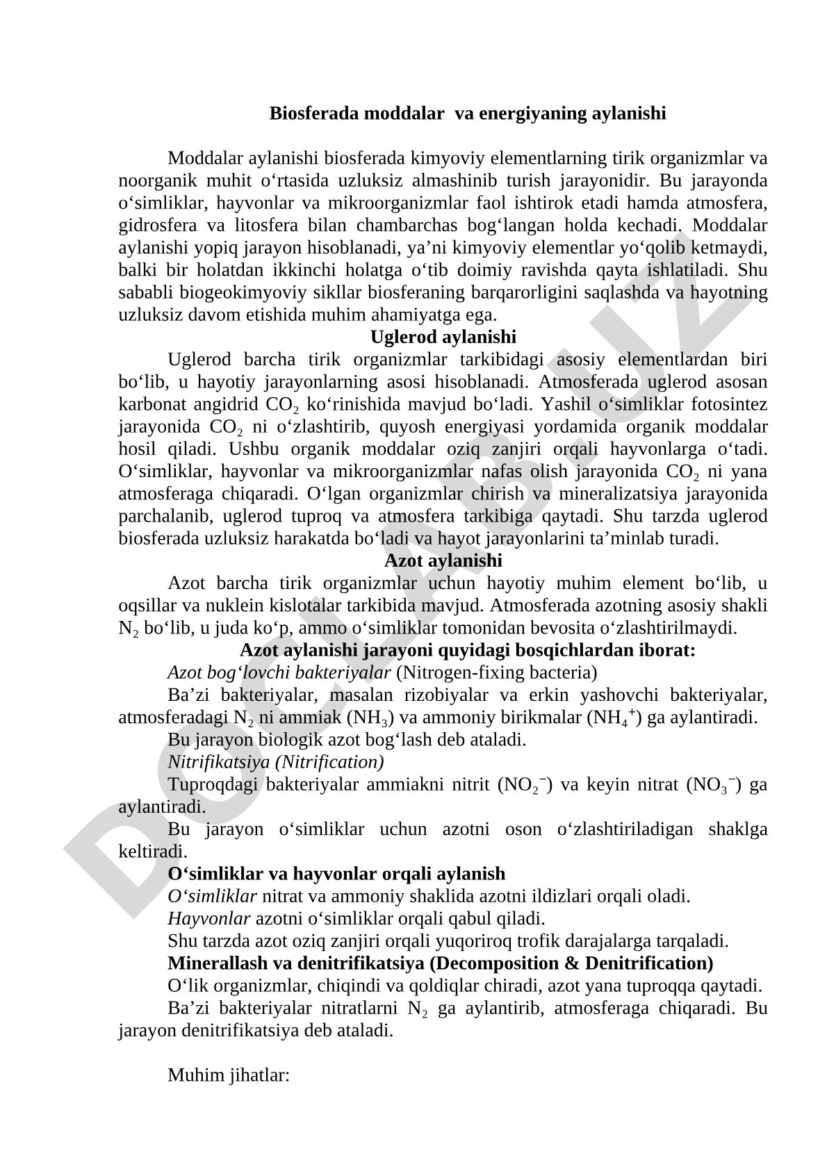 Biosferada moddalar va energiyaning aylanishi