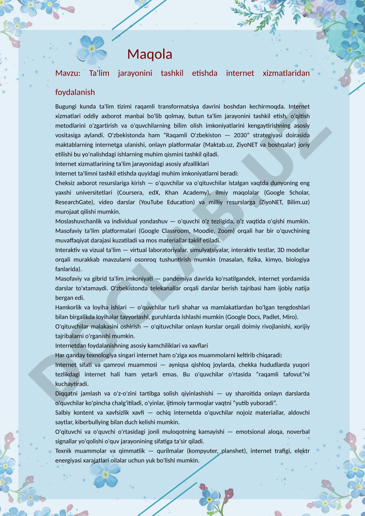 Ta'lim jarayonini tashkil etishda internet xizmatlaridan foydalanish