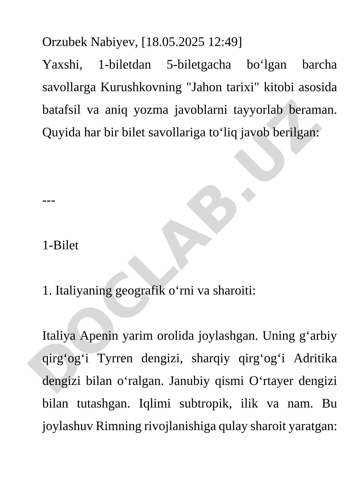 Kurushkovning Jahon tarixi kitobi asosida 1-bilet savollariga javoblar