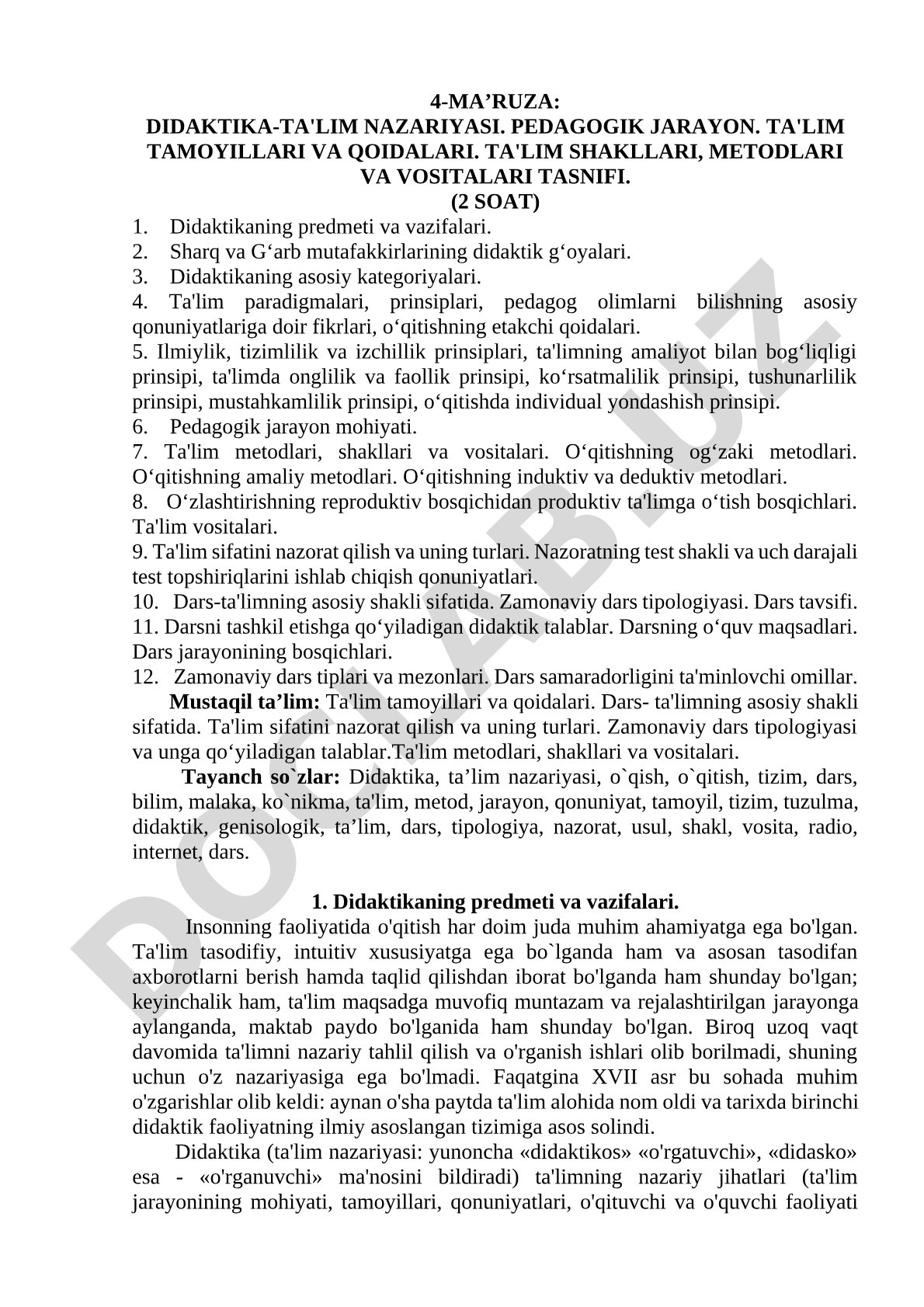 Didaktika - ta'lim nazariyasi. Pedagogik jarayon. Ta'lim tamoyillari va qoidalari. Ta'lim shakllari, metodlari va vositalari tasnifi