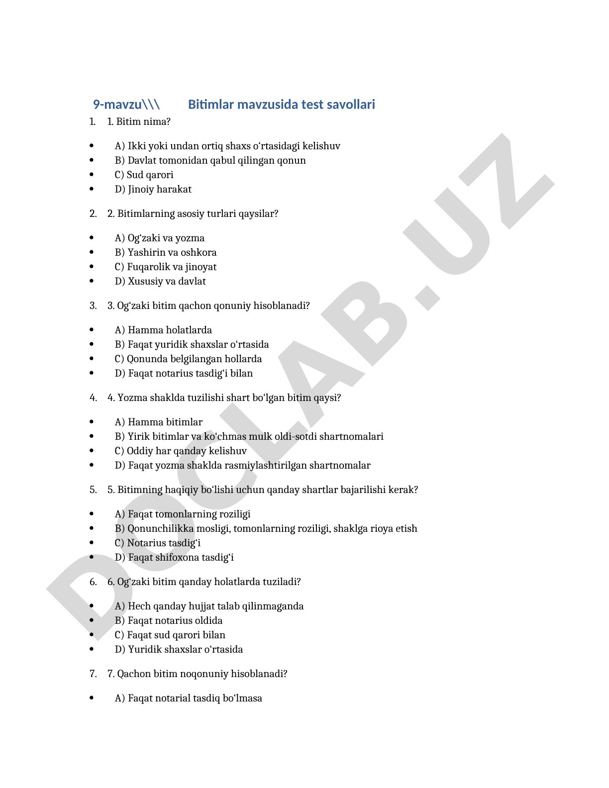 Bitimlar mavzusida test savollari