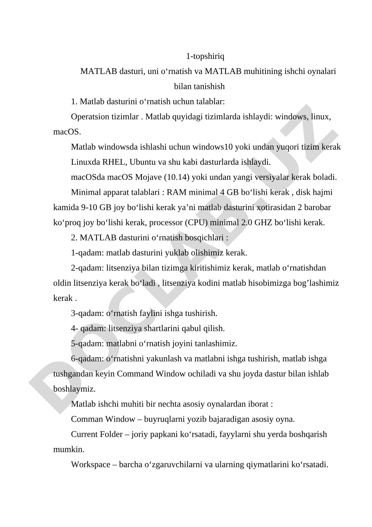 MATLAB dasturini o'rnatish va muhit bilan tanishish