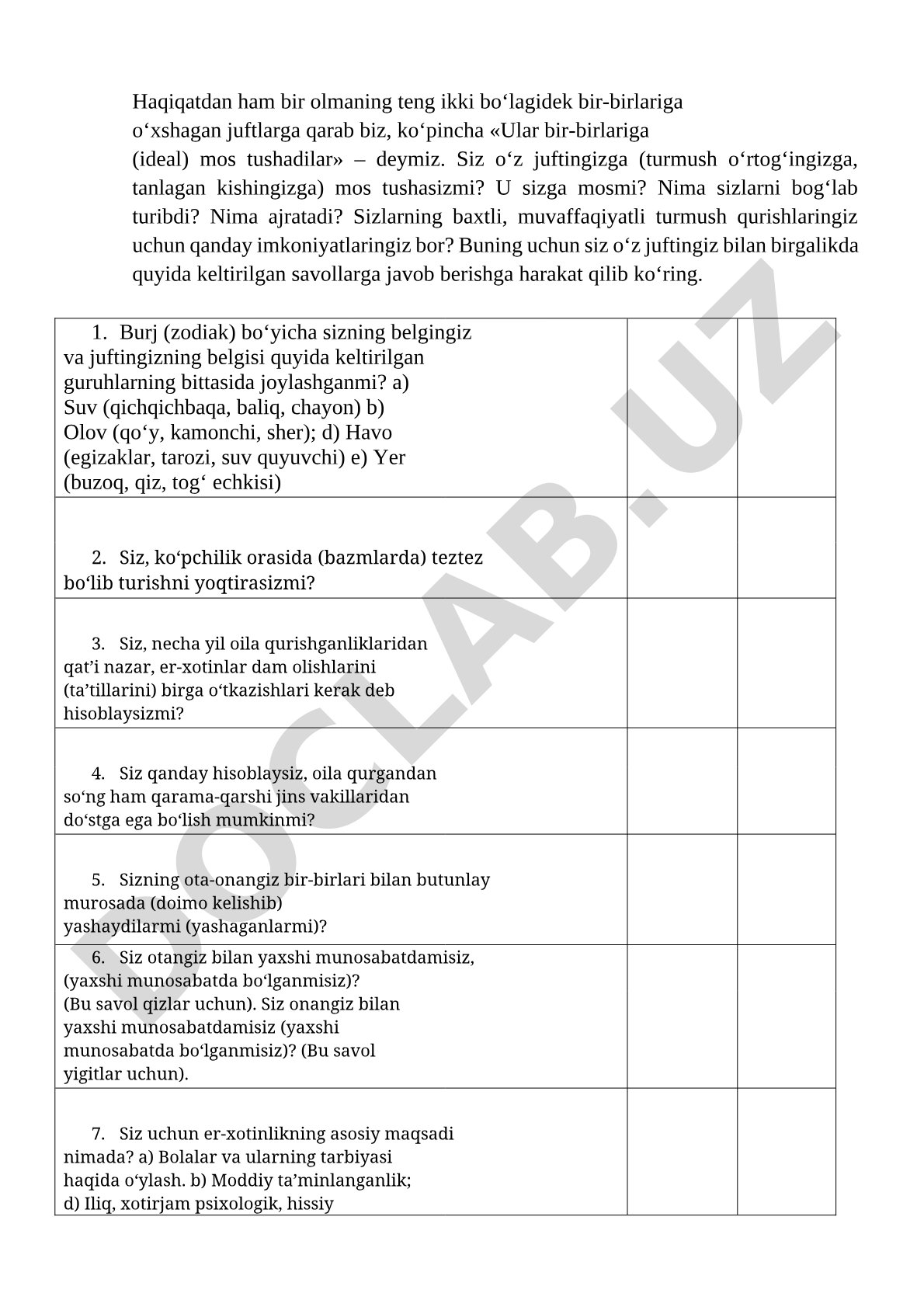 Oila va turmush mosligi haqida savolnoma
