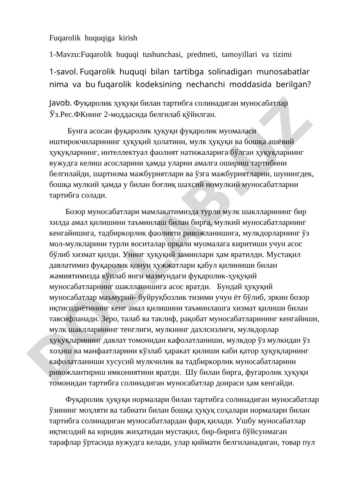 Fuqarolik huquqi tushunchasi, predmeti, tamoyillari va tizimi