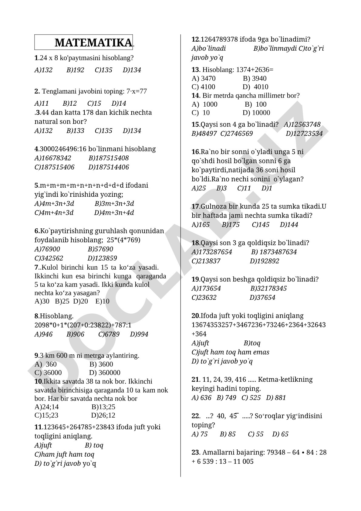 Matematika test savollari