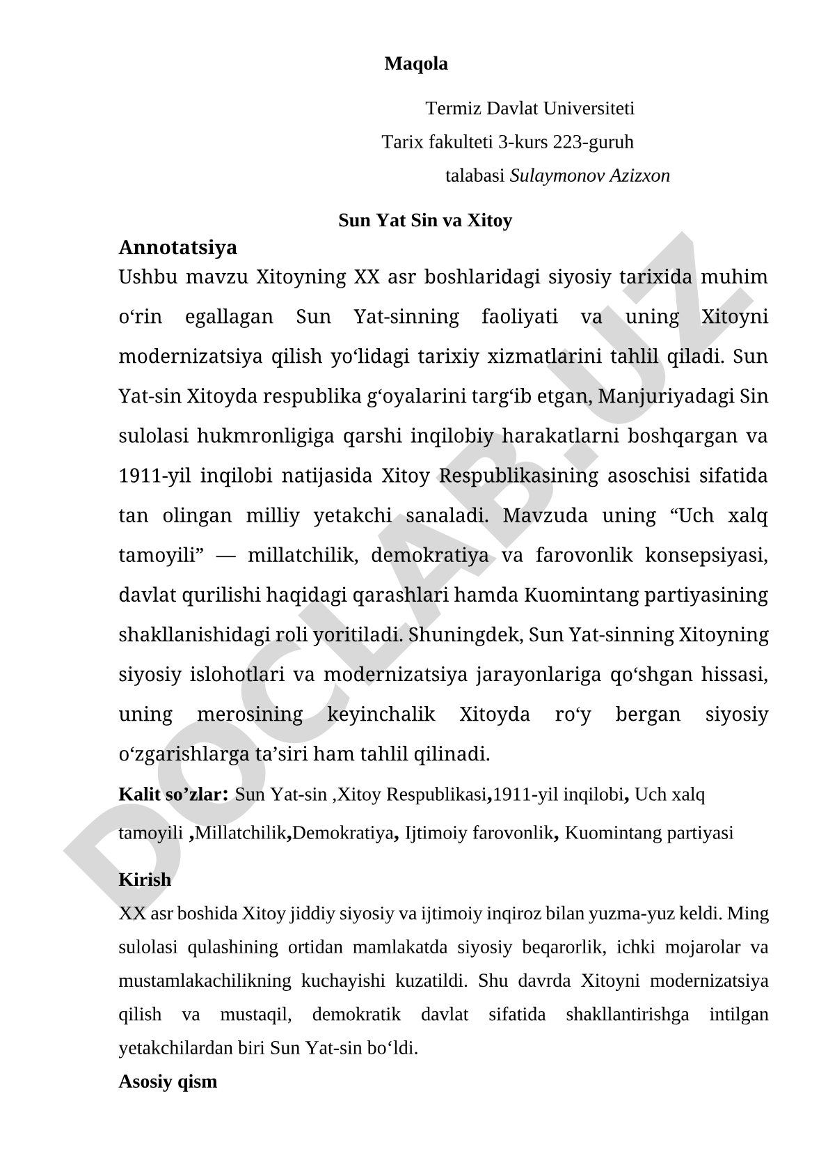 Sun Yat Sin va Xitoy