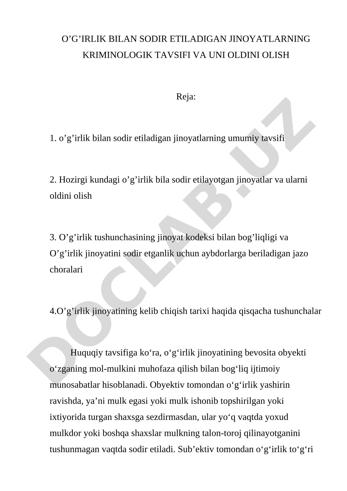 O'g'irlik bilan sodir etiladigan jinoyatlarning kriminologik tavsifi va uni oldini olish