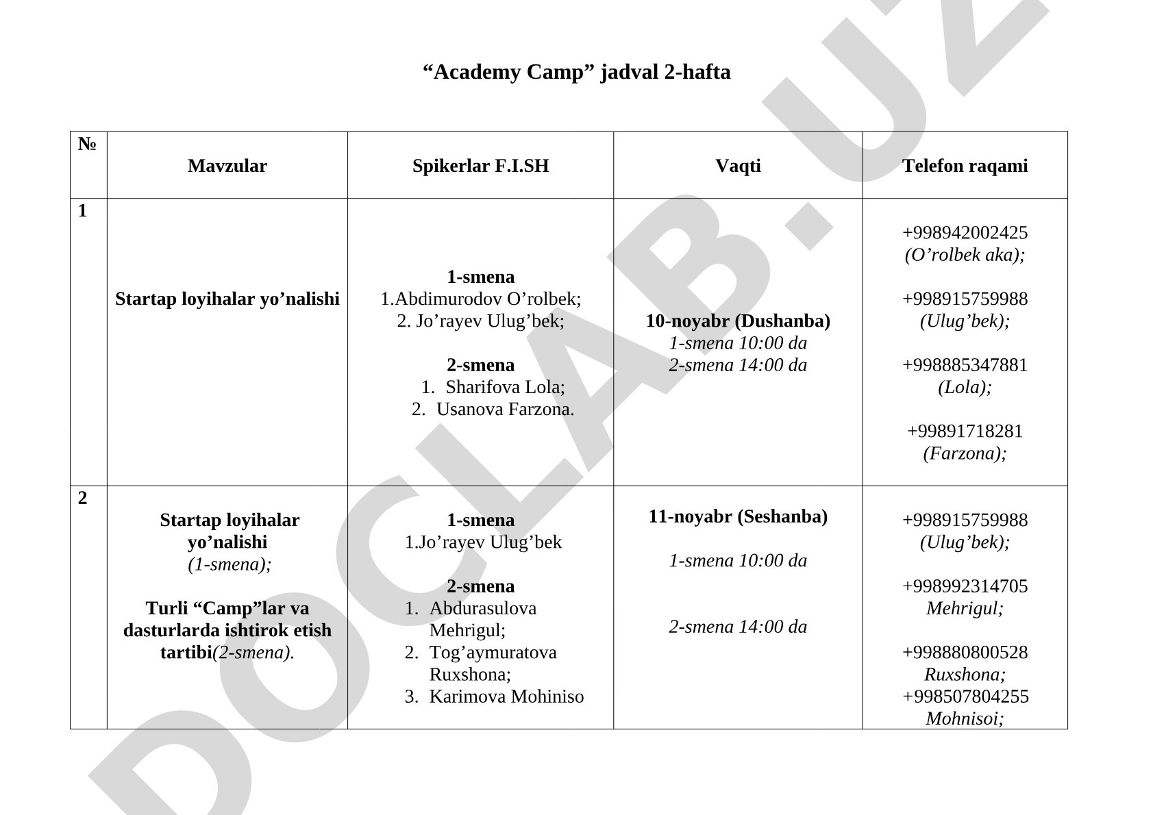 Academy Camp jadval 2-hafta