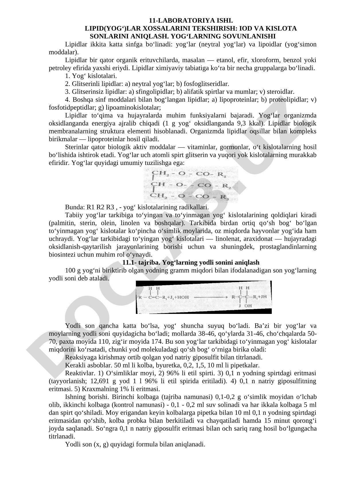 Lipid(yog‘)lar xossalarini tekshirish: iod va kislota sonlarini aniqlash. Yog‘larning sovunlanishi