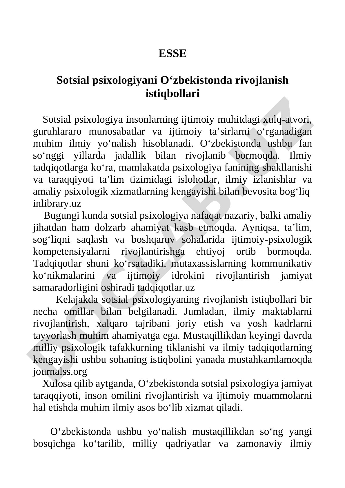 Sotsial psixologiyani Oʻzbekistonda rivojlanish istiqbollari