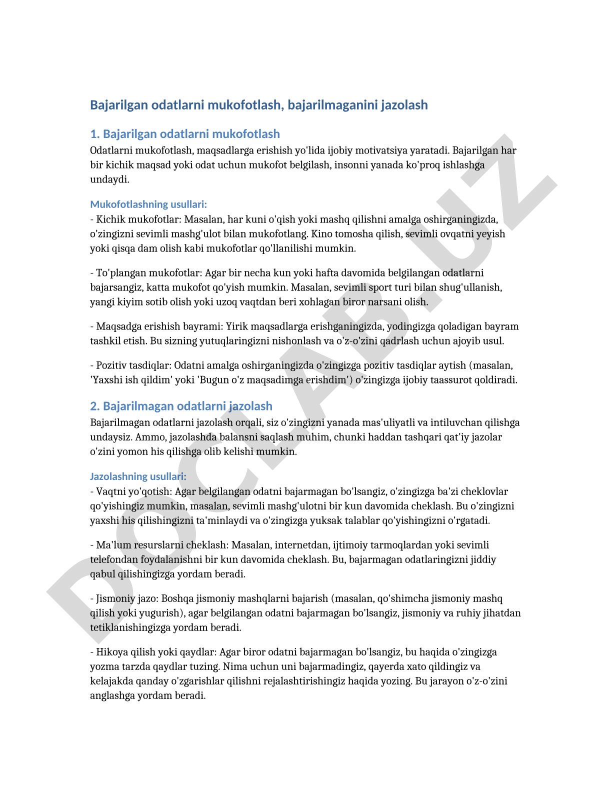 Bajarilgan odatlarni mukofotlash va bajarilmaganini jazolash