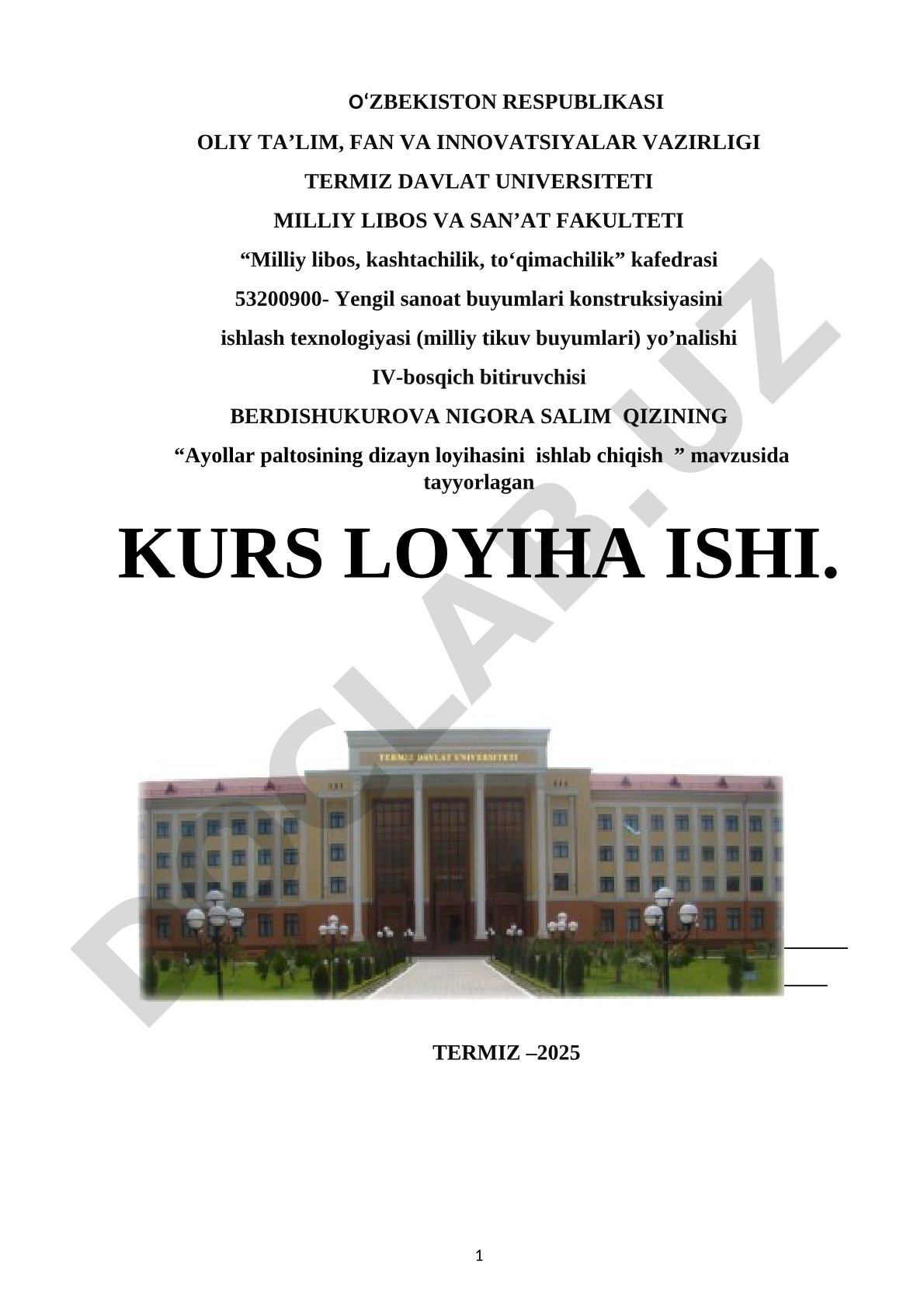 Ayollar paltosining dizayn loyihasini ishlab chiqish
