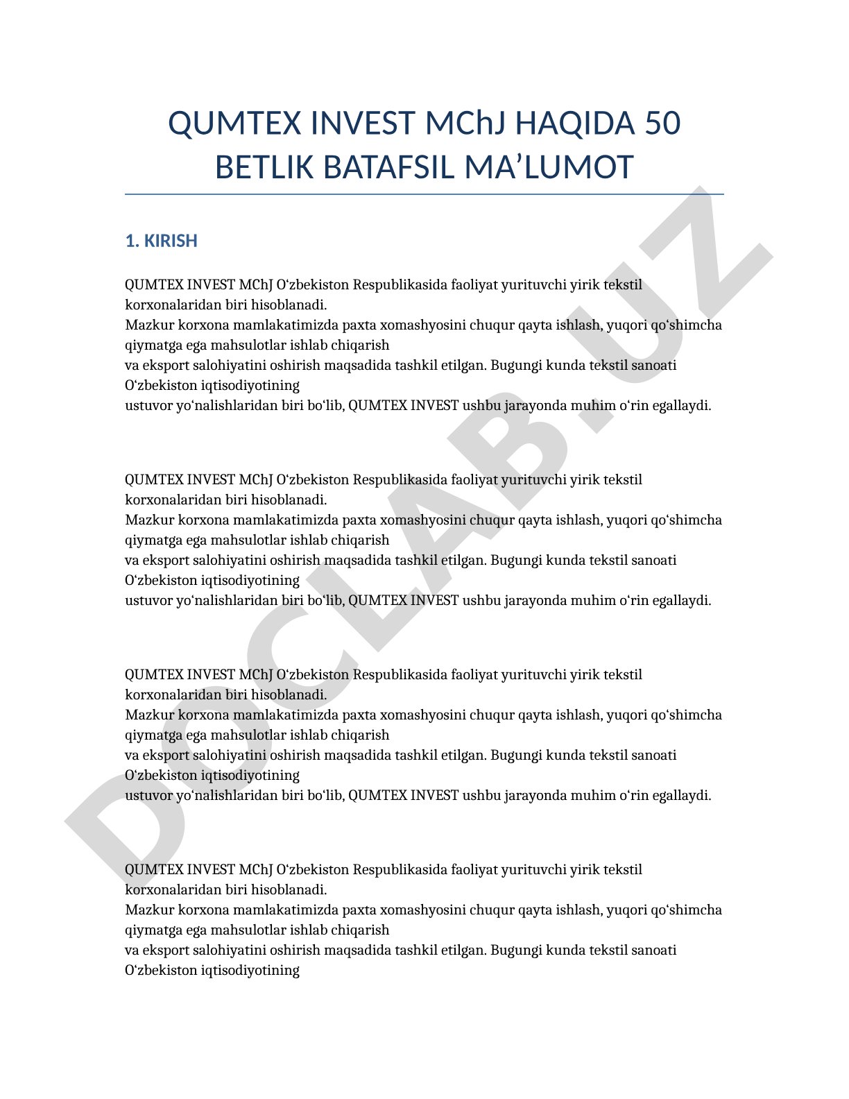 QUMTEX INVEST MChJ haqida 50 betlik batafsil ma'lumot